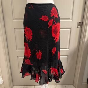 Vintage Red Black Floral Ruffle Midi Skirt Boho Cottagecore Flowy Mid Length